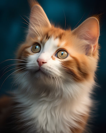 Portrait of a red cat with blue eyes on a blue backgroundの素材