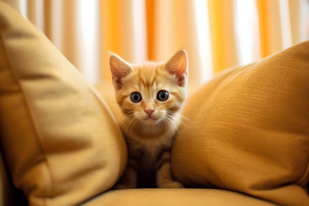 Cute ginger kitten sitting on sofa and looking at camera at homeの素材
