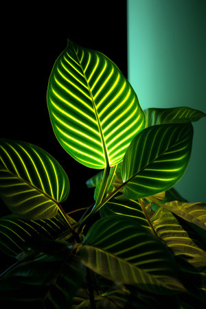 Close-up of green ficus plant with neon light on black backgroundの素材