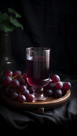 Glass of red wine with grapes on a wooden tray. Black background.の素材