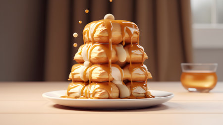 Stack of pancakes with caramel sauce on a white plate. 3d renderingの素材
