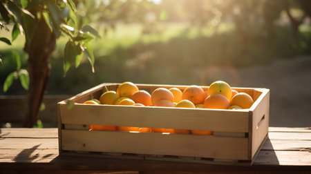 Fresh oranges in a wooden box on a table in the garden.の素材