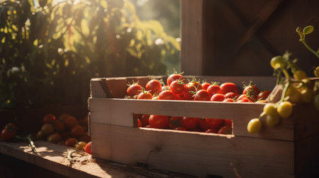 Ripe tomatoes in a wooden box on the background of the sunの素材