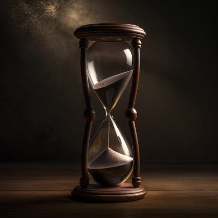 Hourglass on wooden table. Concept of time and deadline. 3d renderingの素材