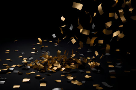 Gold confetti on a black background. Festive background. Abstract design element. 3d renderの素材