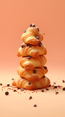 Stack of tasty croissants with chocolate chips and sprinkles on orange backgroundの素材