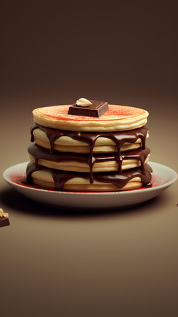 Stack of pancakes with chocolate syrup and chocolate on a dark background.の素材