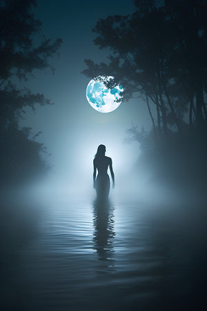 Woman standing in the forest with full moon in the background. 3D renderingの素材