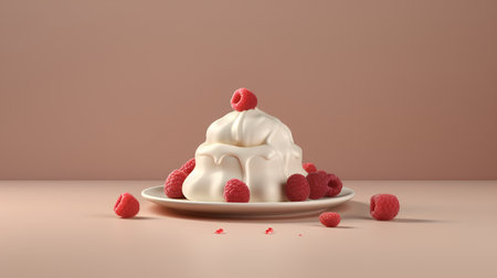 3d rendering of a vanilla pudding with raspberries on a brown backgroundの素材