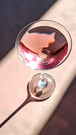 Pink cocktail in a martini glass on a table in a restaurantの素材