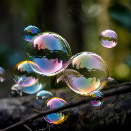 Colorful soap bubbles in the forest with bokeh background.の素材