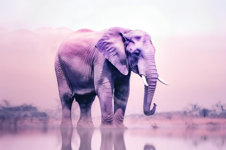 Elephant in the savanna at sunset. Double exposure image.の素材