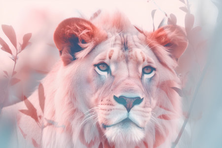 Portrait of a white lion with a pink background. Vintage style.の素材