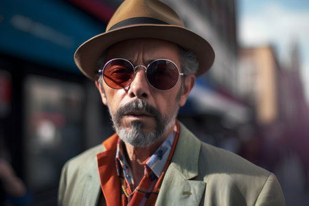 Portrait of an old man with hat and sunglasses in the cityの素材
