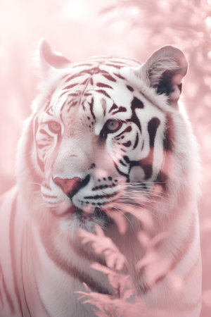 Portrait of a white tiger on a background of red leaves.の素材