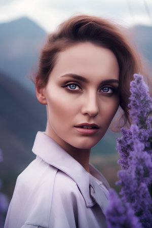 Portrait of a beautiful young woman in a lavender field.の素材