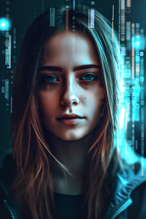 Portrait of a beautiful young woman in a futuristic image. Futuristic technology.の素材