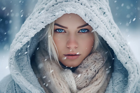 Winter portrait of beautiful young woman with blue eyes wearing a warm knitted sweater and scarfの素材