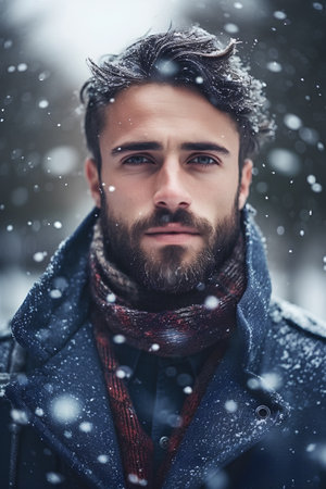 Portrait of a handsome man in a winter coat and scarf. Men's beauty, fashion.の素材