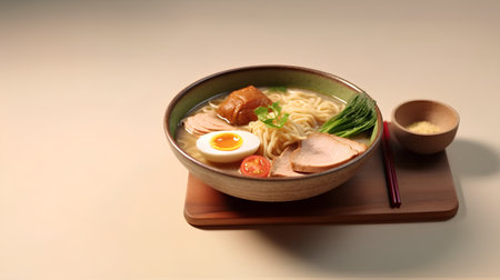 Japanese ramen noodle soup in bowl with chopsticks on wooden tableの素材