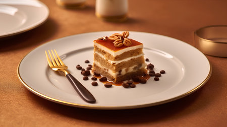 Piece of cake with caramel and coffee beans on a white plateの素材