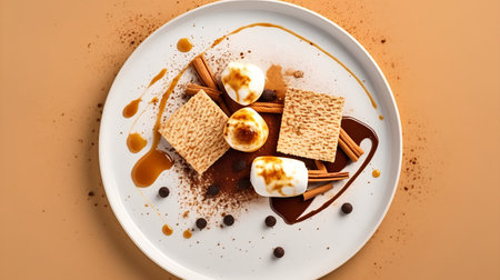 top view of delicious ice cream with crackers and chocolate on plateの素材