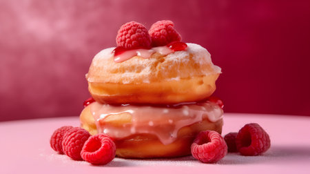 Tasty donuts with raspberries and icing sugar on pink backgroundの素材