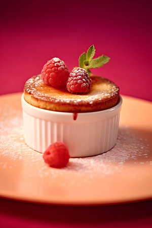 Pancakes with raspberries and mint on a pink backgroundの素材