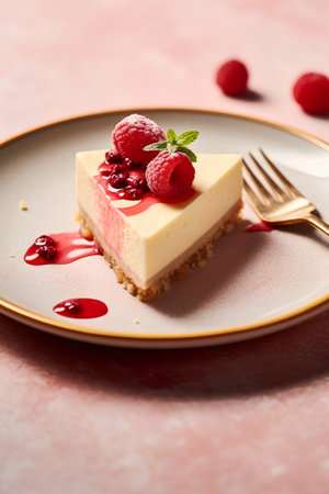 Piece of cheesecake with raspberries on plate on pink backgroundの素材