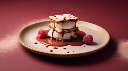 Chocolate wafers with raspberries and chocolate syrup on a plateの素材