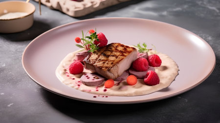 Grilled duck breast with cream sauce and raspberries on a plateの素材