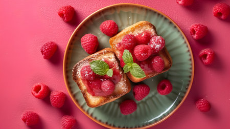Plate with toasted bread with raspberries on color backgroundの素材