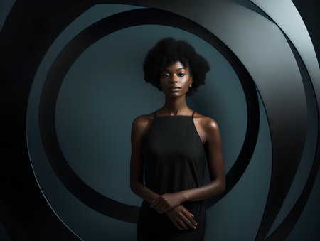 Fashionable african american woman in black dress posing in studio.の素材