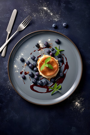 Pancakes with blueberries, mint and maple syrup on a dark background.の素材