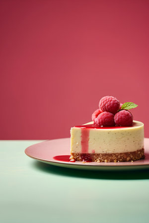 Delicious cheesecake with raspberries and mint on colorful backgroundの素材