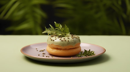 Macaroon with cream and pistachio on a green backgroundの素材