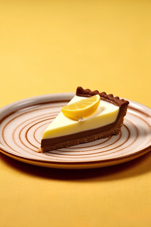 Lemon tart on a plate on a yellow background. Shallow dof.の素材