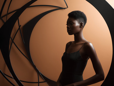 Beautiful african american woman in a black dress on a brown backgroundの素材