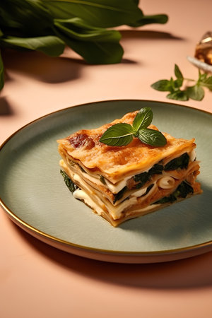Delicious lasagna with spinach and mozzarella on a plateの素材