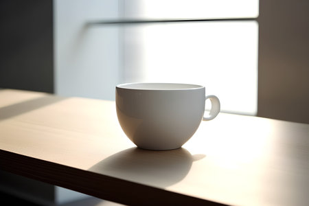 Coffee cup on the wooden table in the morning light.の素材
