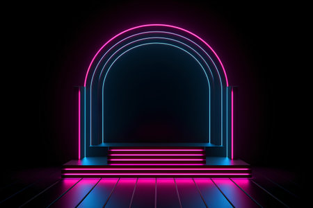 Neon arch on a dark background. 3d rendering, 3d illustration.の素材