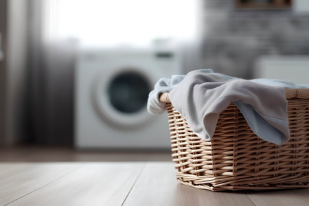 Laundry basket with dirty clothes on wooden floor in front of washing machineの素材