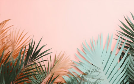Tropical palm leaves on pastel pink background. Minimal summer conceptの素材