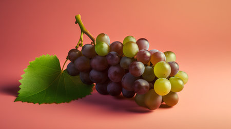 Grapes with green leaves on a pink background. 3d illustration.の素材