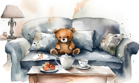 Hand drawn watercolor illustration of a teddy bear sitting on the sofa and drinking tea.の素材