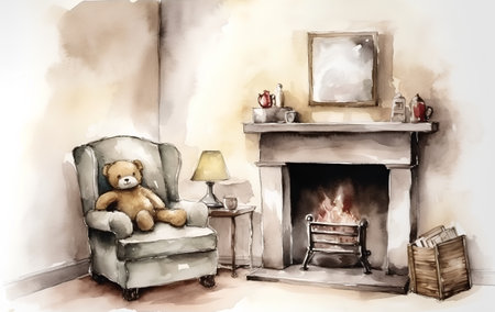 Hand drawn illustration of a cozy living room with a fireplace and a teddy bearの素材