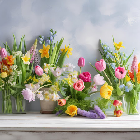 Bouquet of tulips, hyacinths, daffodils and tulips in a vase on a wooden shelfの素材