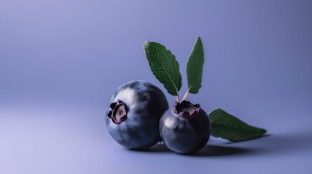 Blueberries with leaves on a blue background. Bilberries with copy space.の素材