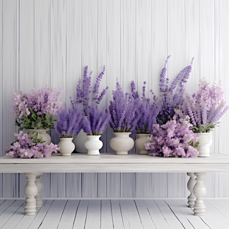 Lavender flowers in vases on a white wooden shelf.の素材