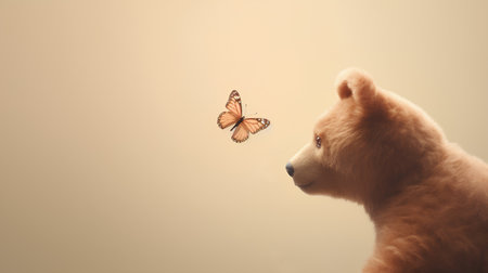 Cute puppy with butterfly on beige background. Toned.の素材